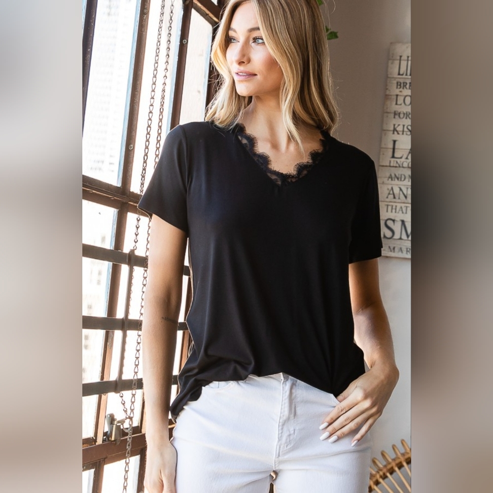 Heimish Lace Detail V-Neck Short Sleeve T-Shirt SALE 20% OFF - Picture 3 of 7